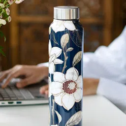 Ritualistic Navy Blue & White Stainless Steel Printed Water Bottle - 1L image 3