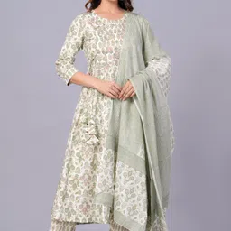 Mishree Collection Women Floral Printed Regular Thread Work Pure Cotton Kurta with Trousers & With Dupatta-picture-44