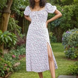 Fragancia Floral Printed Cotton A-Line Midi Dress-image-87