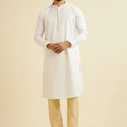 Manyavar Floral Embroidered Thread Work Satin Kurta With Pyjama-image-34
