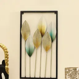 vedas Mystic Indiana Black & Gold-Toned Textured Metal Opal Leaf Wall Decor-image-47