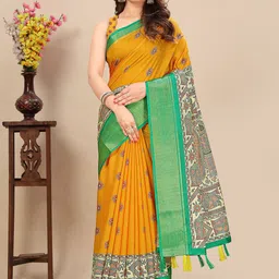SSHAGUN LIFESTYLE Yellow Floral Print Hand Batik Cotton Silk Saree-picture-39