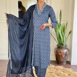 KALINI Striped Thread Work V-Neck Straight Kurta with Trousers And Dupatta-image-16