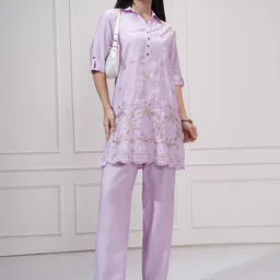 Vishudh Floral Embroidered Shirt Collar Neck Tunic With Trousers-image-31