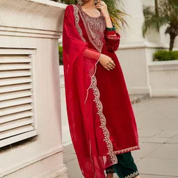 Indo Era Women Ethnic Motifs Embroidered Regular Sequinned Velvet Kurta with Trousers & With Dupatta-image-66