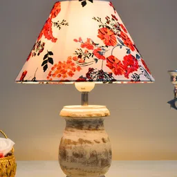 Decorcity White & Red Floral Printed Wooden Frusturical Shaped Table Lamp-32