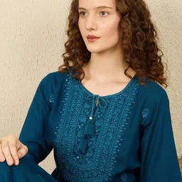 Indo Era Women Ethnic Motifs Embroidered Thread Work Indigo Straight Calf Length Kurta-16