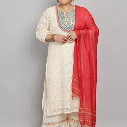 Tulsattva Floral Self Design Thread Work Pure Cotton Kurta With Palazzo & Dupatta-44