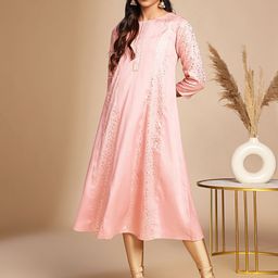 Janasya Floral Embroidered Thread Work A-Line Crepe Kurta-image-24
