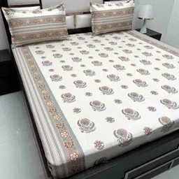 Pure Decor Cream-Coloured & Brown Floral 250 TC Queen Bedsheet with 2 Pillow Covers-image-58
