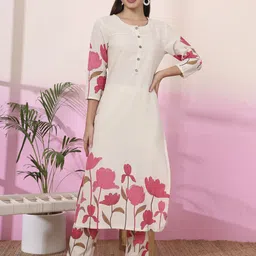 Yufta Women Floral Embroidered Regular Kantha Work Pure Cotton Kurta with Trousers-27