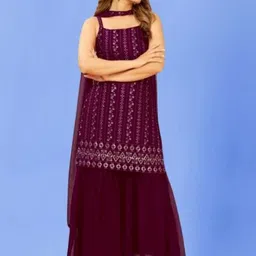 PARROT CREATION Floral Embroidered Sequinned Georgette Kurti With Palazzos And Dupatta-image-73