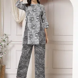 Indibelle Mandarin Collar Printed Pure Cotton Tunic with Trouser-37
