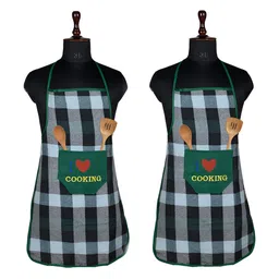 Aura 2-Pcs Green & White Checkered Waterproof Skin Friendly Breathable Kitchen Aprons-8