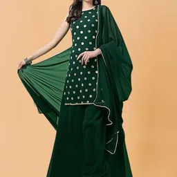 PARROT CREATION Geometric Embroidered Sequinned Georgette Kurti with Sharara And Dupatta-image-42