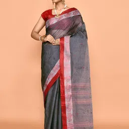 PUKU Ethnic Motifs Patchwork Pure Cotton Handloom Taant Saree-image-80