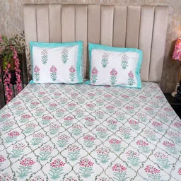 Hawamahal White & Sea Green Floral Printed 350 TC Cotton King Bedsheet Set 2.75 m x 2.75 m-20