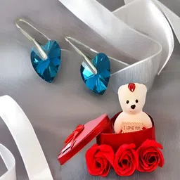 UNIVERSITY TRENDZ Silver-Plated Heart Stud Drop Earrings With Red Teddy Bear Gift Set-52