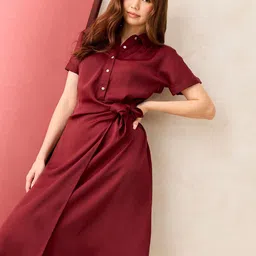 Outzidr Tie Up Detail Shirt Midi Dress-6
