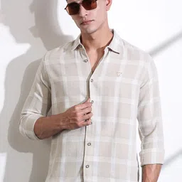 Thomas Scott Men Classic Slim Fit Spread Collar Windowpane Checked Cotton Casual Shirt-image-16