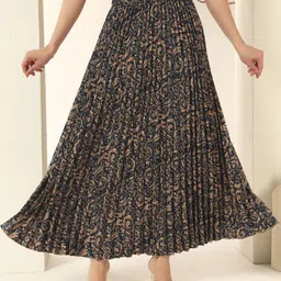ZWERLON Floral-Printed Full-Length A-Line Pleated Skirt-picture-41