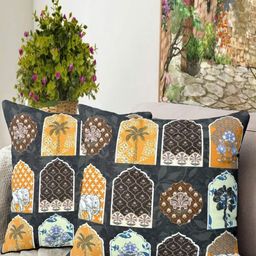 Blue Grass Grey & Yellow 2 Pieces Floral Velvet Square Cushion Covers-image-46