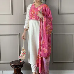 Siya Fashion Floral Yoke Design V Neck Thread Work Cotton Silk Kurta & Trousers & Dupatta-image-74