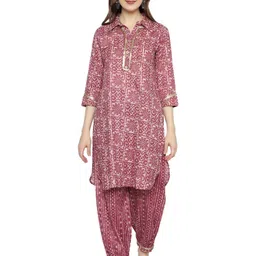 GMI Floral Printed Shirt Collar Three-Quarter Sleeves Pure Cotton Kurta With Patiala-picture-55