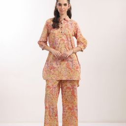 JISORA Printed Shirt Collar Neck Cotton Tunic With Trousers Co-Ords-48