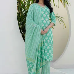 SKYLEE Floral Printed V-Neck Straight Kurta With Trousers & Dupatta-image-57