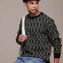 Men Checkered Round Neck Green Sweater-image-4