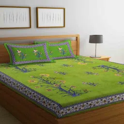 uniqchoice Green Floral 120 TC 100% Cotton Queen Bedsheet With 2 Pillow Covers-picture-4