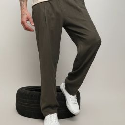 Men Regular Fit Green Pure Cotton Trousers-image-3