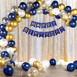 Solid Blue White and Golden Birthday Decoration Kit Combo with Net Curtain and light Balloon-1