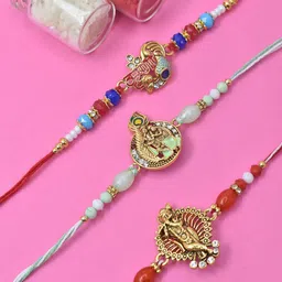 MEIRA JEWELLERY Set Of 3 Studded Radhe Krishna Rakhi With Roli Chawal & Greeting Card-image-45