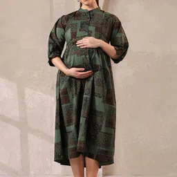 NIGHTSPREE Women Ethnic Motifs Printed Cotton Maternity Fit & Flare Midi Dress-picture-47