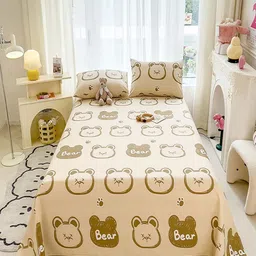 JC HOME Cream-Coloured & Green Cartoon Characters 140 TC King Bedsheet with 2 Pillow Covers-image-84