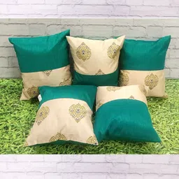 Pink Parrot Green & Cream-Coloured 5 Pieces Ethnic Jacquard Silk Square Cushion Covers-50