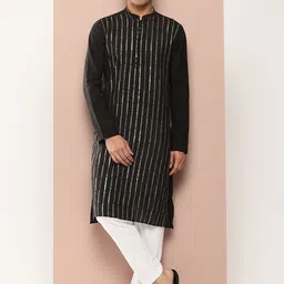 See Designs Striped Embroidered Sequinned Mandarin Collar Chanderi Silk Straight Kurta-image-75