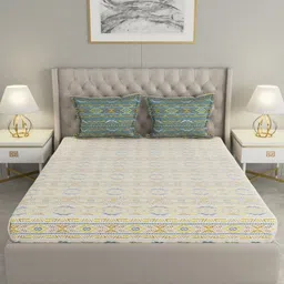 Raymond Home White & Yellow Ethnic Motifs 144 TC Queen Bedsheet with 2 Pillow Covers-image-99