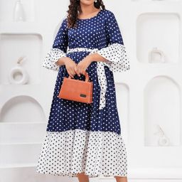 Jyoti Women Polka Dot Print Bell Sleeve Fit & Flare Dress-image-22