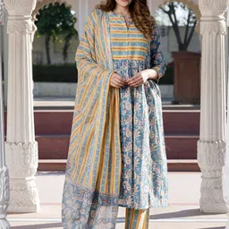 KALINI Floral Printed Notch Neck Pure Cotton Kurta With Trousers & Dupatta-image-28