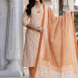 Kohsh Floral Printed V Neck Pure Cotton Kurta With Trousers & Dupatta-28