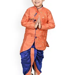 BAESD Boys Geometric Embroidered Mirror Work Art Silk Kurta With Dhoti Pant-9