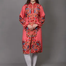 Exotic India Women Aari Embroidered Floral Motifs Longline Kashmir Wool Tailored Jacket-image-50