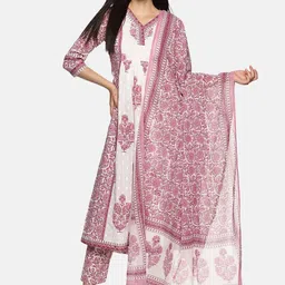 RAJMANDIRFABRICS Floral Printed V-Neck Anarkali Pure Cotton Kurta With Trousers & Dupatta-image-3