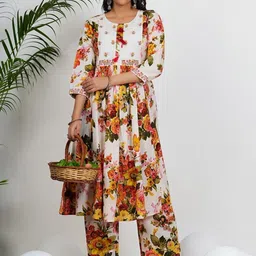 GULMEHAK Floral Printed Round Neck Pure Cotton A-Line Kurta With Trousers-picture-27