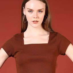 LIMEROAD Women Rib Square Neck T-Shirt Cotton Top-image-17