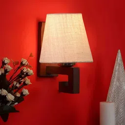 Devansh White & Brown Wood Traditional Frustum Shaped Wall Lamp-12