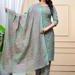 k d fab Women Floral Printed Regular Pure Cotton Kurta with Trousers & With Dupatta-image-16